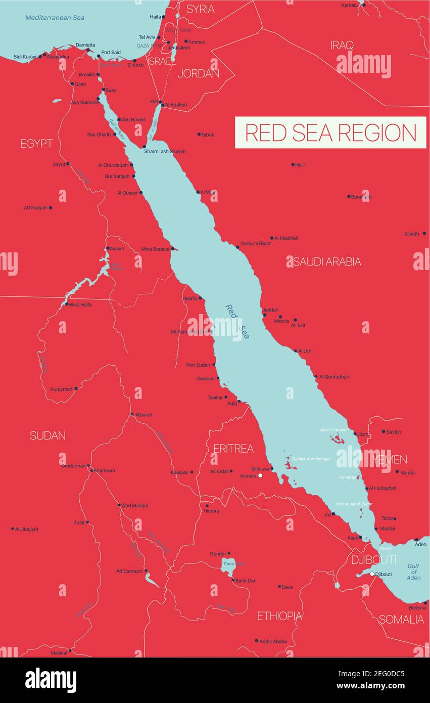 Red Sea Region Land detaillierte bearbeitbare Karte mit Ländern Hauptstädte und Städte. Vector EPS-10-Datei Stock Vektor