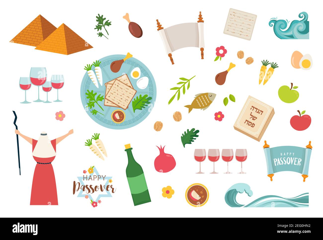Passah Icons Set. Flach, Cartoon-Stil. Jüdischer Feiertag des Exodus Ägypten. Sammlung mit Sederplatte, Mahlzeit, Matzah, Wein, Torus, Pyramide. Isoliert ein Stock Vektor