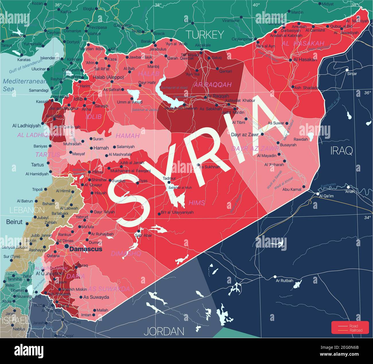 Syrien Land detaillierte editierbare Karte mit Regionen Städte und Städte, Straßen und Eisenbahnen, geografische Standorte. Vector EPS-10-Datei Stock Vektor