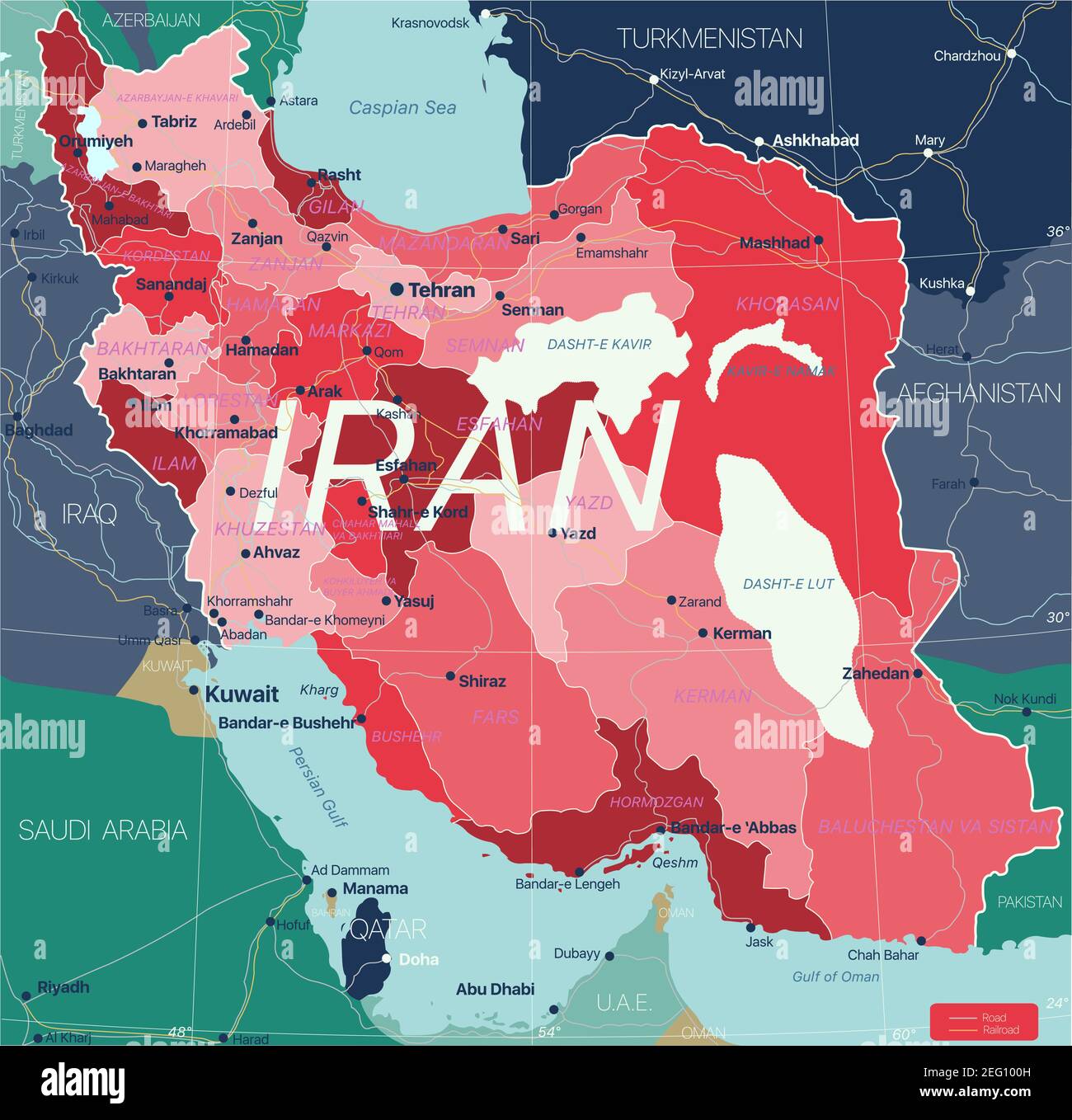 Iran Land detaillierte editierbare Karte mit Regionen Städte und Städte, Straßen und Eisenbahnen, geografische Standorte. Vector EPS-10-Datei Stock Vektor