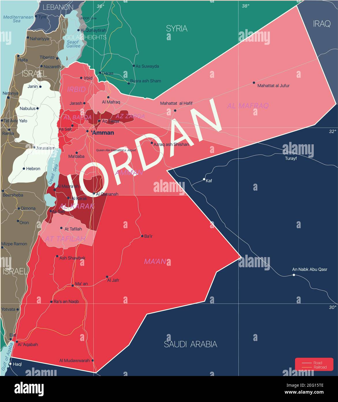 Jordanien Land detaillierte editierbare Karte mit Regionen Städte und Städte, Straßen und Eisenbahnen, geografische Standorte. Vector EPS-10-Datei Stock Vektor