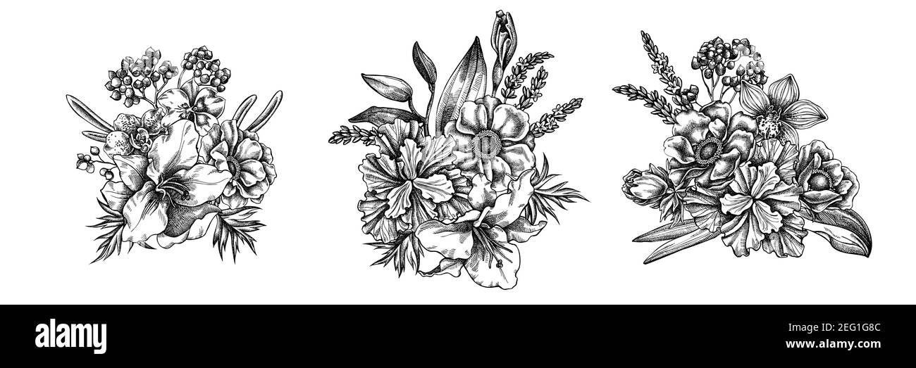 Blumenstrauß von schwarzen und weißen Anemone, Lavendel, Rosmarin ewig, phalaenopsis, Lilie, iris Stock Vektor