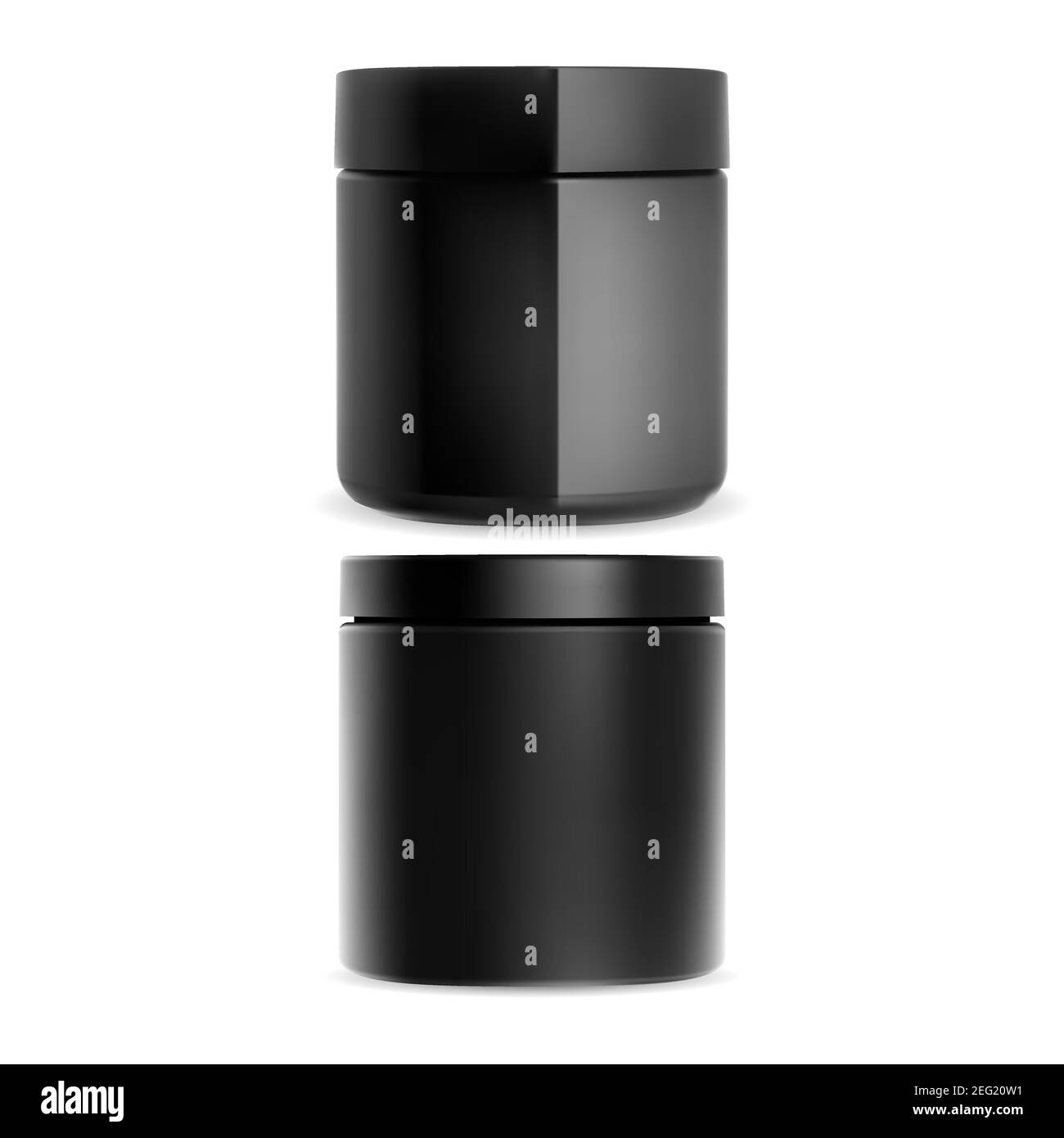 Glas mit Sahne aus Kunststoff. Kosmetische Creme Behälter Mockup. Black Gloss Verpackung für Charcoalscrub, Pulver oder Wachs isoliert. Runde Gesichtsbehandlung Kanister i Stock Vektor