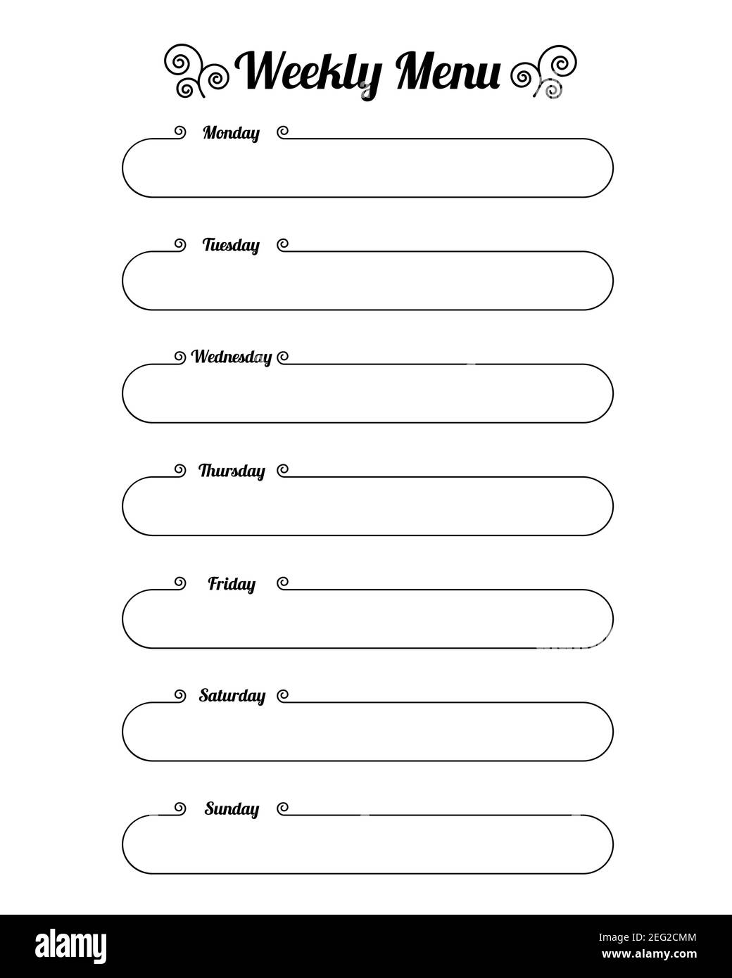 Wochenmenü. Speiseplaner für eine Woche. Vertikales leeres Formular. Bedruckbares Schwarz-Weiß-Design. Vektorgrafik. Stock Vektor