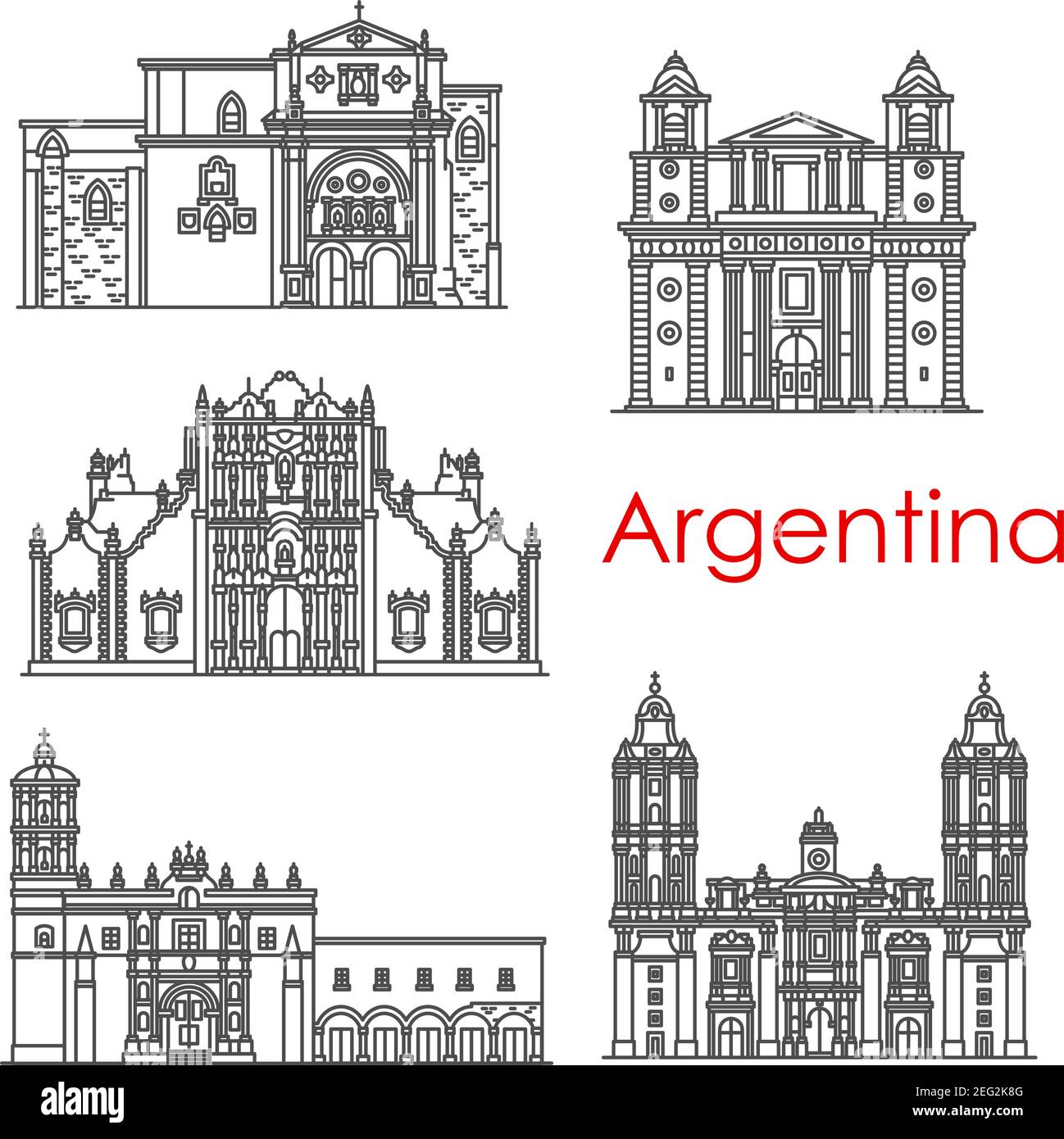 Argentinische Architektur Wahrzeichen und berühmte Gebäude Linie Fassade Ikonen. Vector Set von Santo Domingo Kathedrale, Sagrario Metropolitana Kloster oder Nue Stock Vektor