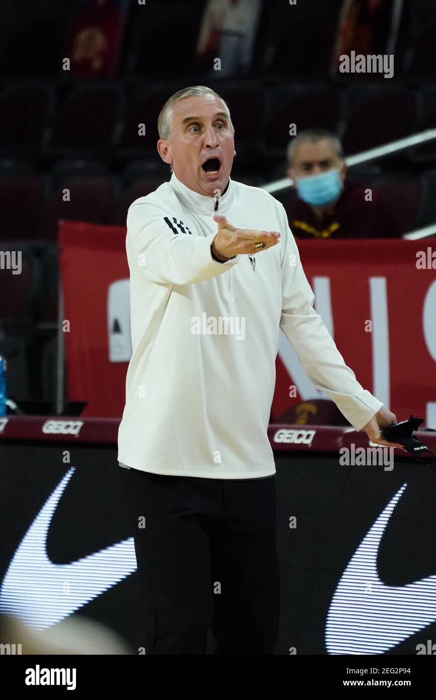 Während eines NCAA College-Basketballspiels, Mittwoch, 17. Februar 2021, in Los Angeles. USC besiegte ASU 89-71. Stockfoto Während eines NCAA College-Basketballspiels, Mittwoch, 17. Februar 2021, in Los Angeles. USC besiegte ASU 89-71. Stockfoto