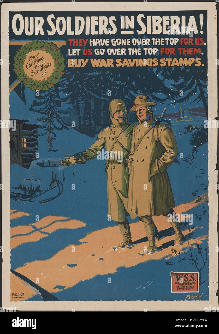 Unsere Soldaten in Sibirien! Sie sind für uns übertrieben. Lassen Sie uns über die Spitze für sie gehen. Kaufen Krieg Sparen Briefmarken. Frohe Weihnachten mit den Čecho-Slováks, 1918. Stockfoto