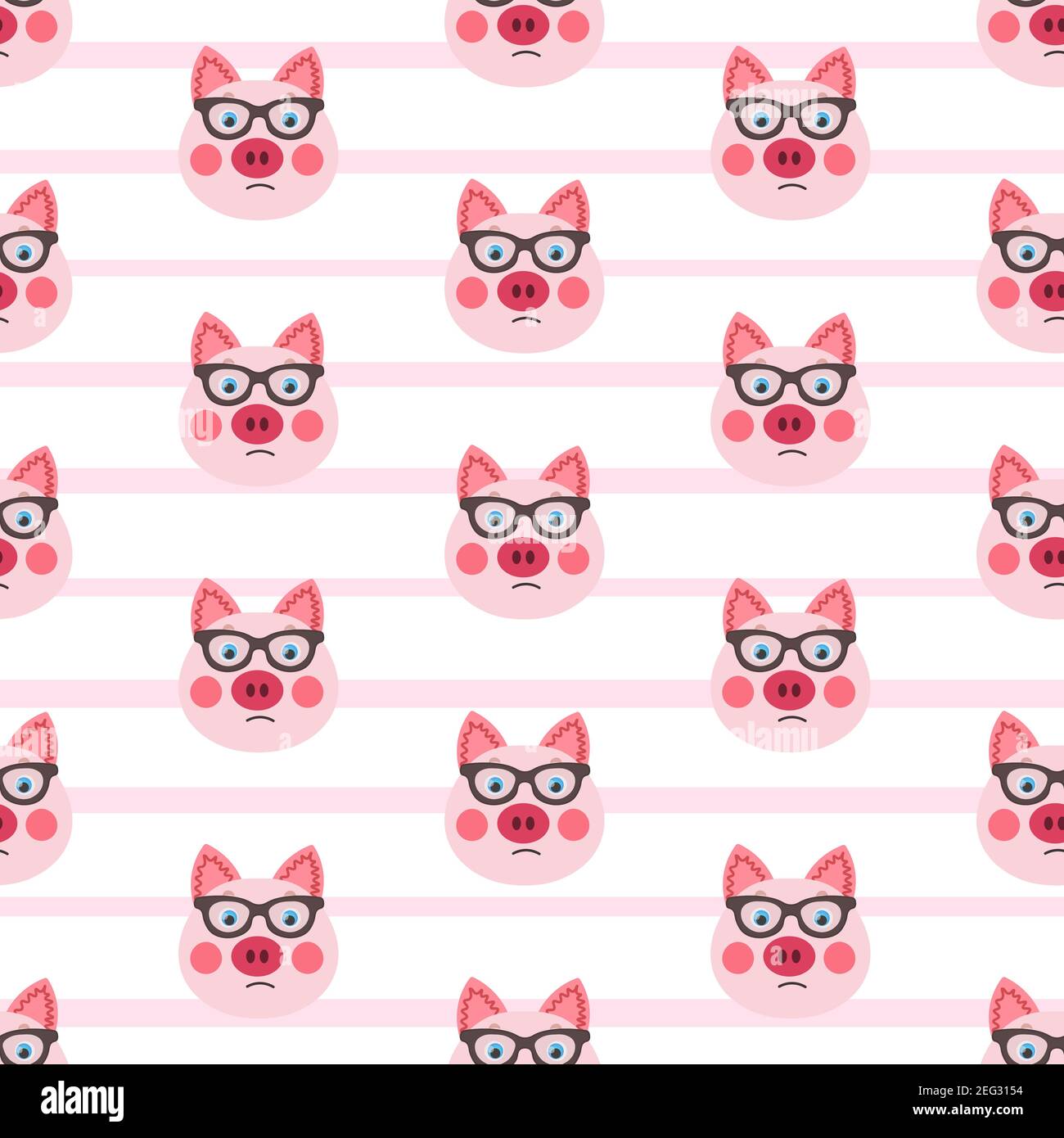 Vektor flache Tiere bunte Illustration für Kinder. Nahtloses Muster mit niedlichem Schwein Gesicht in Sonnenbrille auf weiß gestreiftem Hintergrund. Entzückende Karikatur Stock Vektor