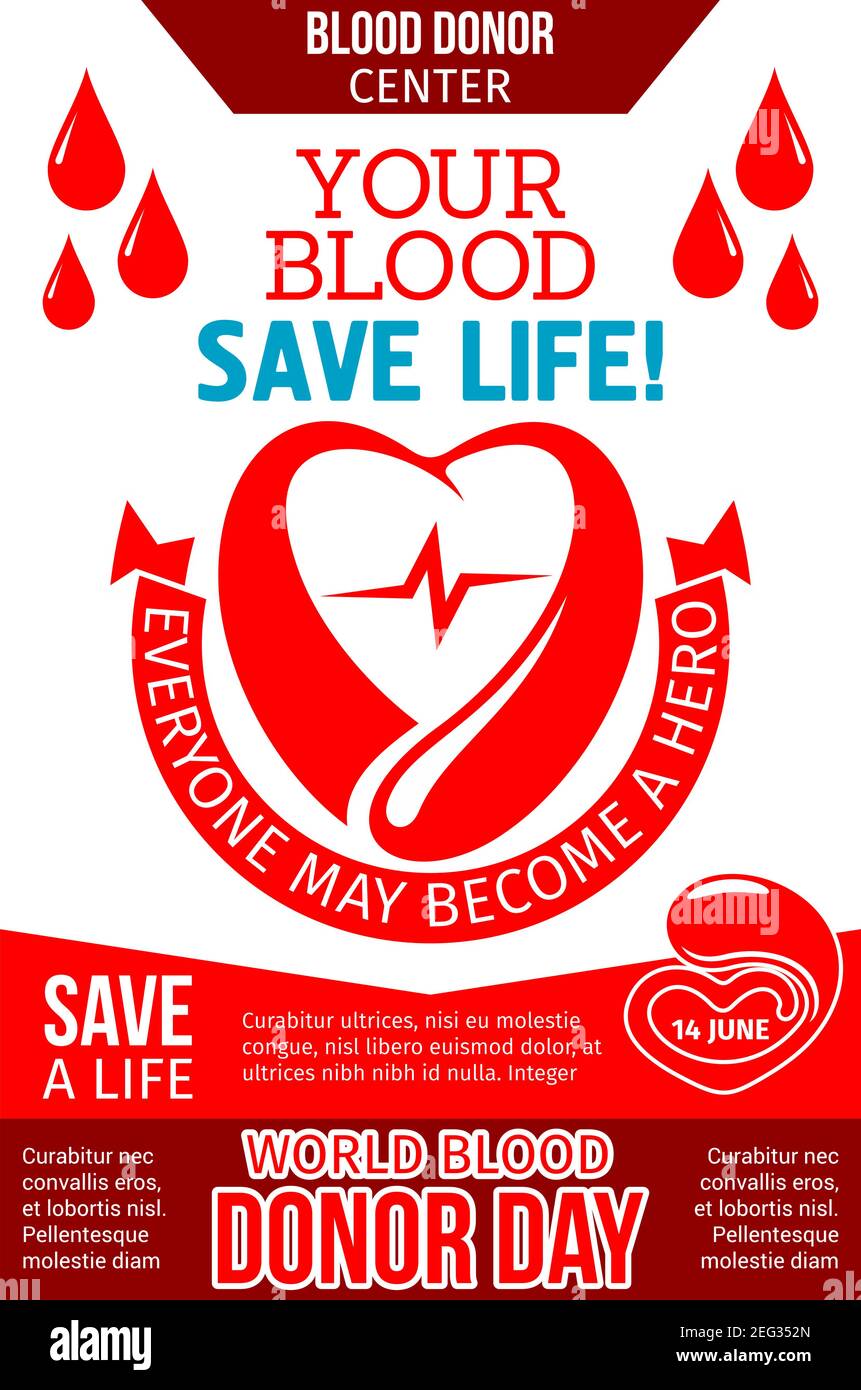 Banner des Blutspendezentrums für die Vorlage zum Weltblutspendetag. Rotes  Herz, bestehend aus Bluttropfen mit Puls, Band und Save Life Nachricht für  Medica Stock-Vektorgrafik - Alamy