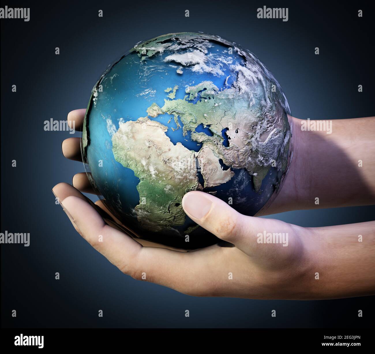 Hände halten einen Globus vor dunklem Hintergrund. 3D Abbildung. Stockfoto
