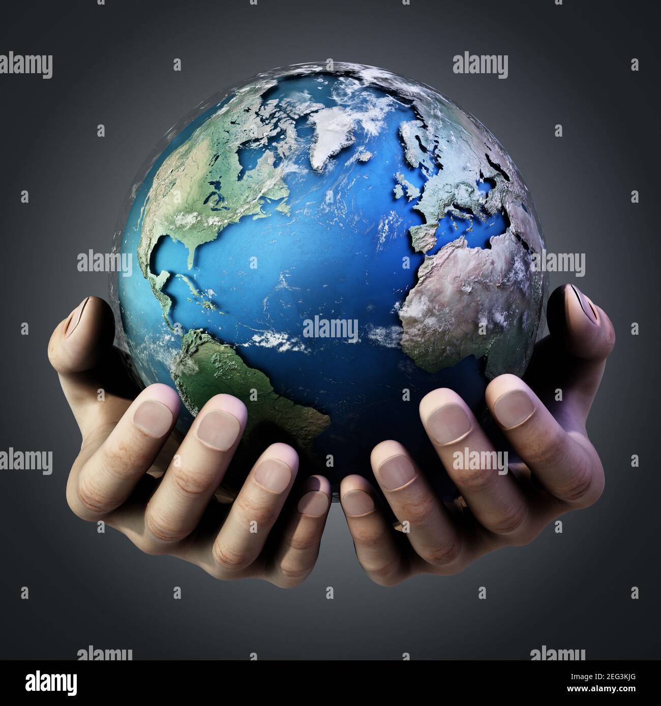 Hände halten einen Globus vor dunklem Hintergrund. 3D Abbildung. Stockfoto