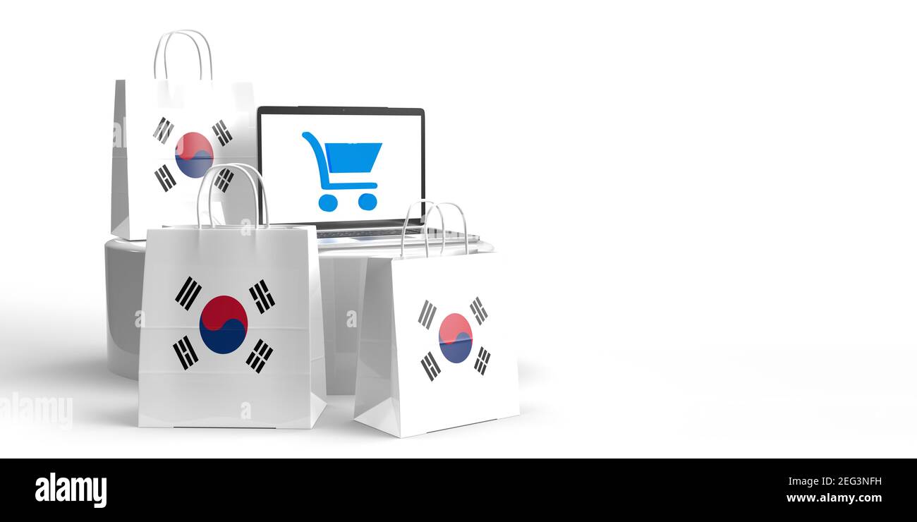 Global eCommerce, Online-Handel und Konsumkonzept: Drei 3D gerenderte Taschen mit koreanischer Flagge, die mit einem Laptop mit Einkaufstasche um ein Podium stehen Stockfoto