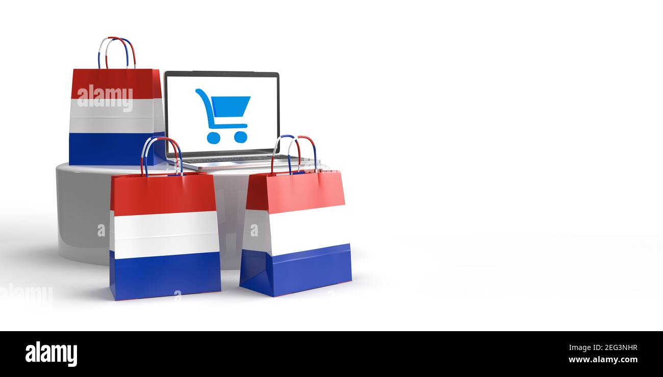 Global eCommerce, Online-Handel und Konsumkonzept: Drei 3D gerenderte Taschen mit russischer Flagge, die mit einem Laptop mit Einkaufstasche um ein Podium stehen Stockfoto