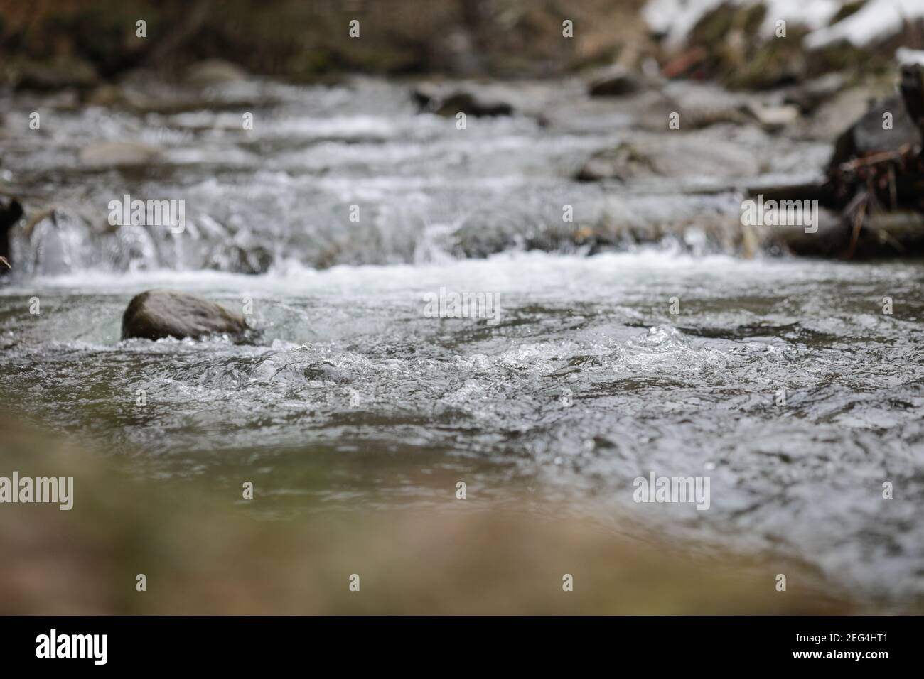 Artikeldetails mit dem klaren Wasser eines fliessenden Gebirgsbaches während eines kalten und sonnigen Wintertages in den rumänischen Karpaten. Stockfoto