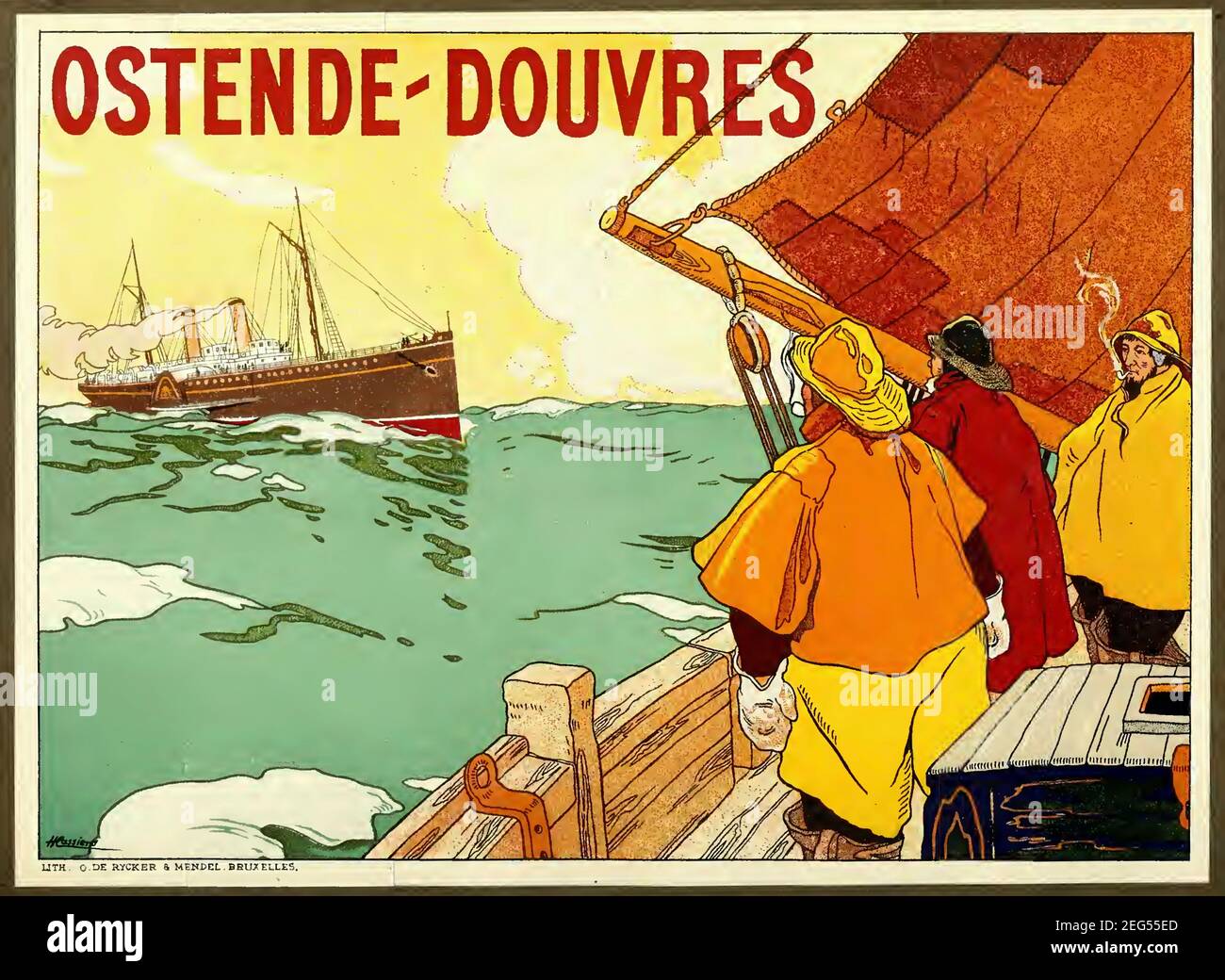 Vintage 1900 Poster des belgischen Künstlers Henri Cassiers. Fischer auf ihrem Boot schauen in Richtung der Dover Ostend Fährüberfahrt. Farbenfrohes Retro-Poster. Stockfoto