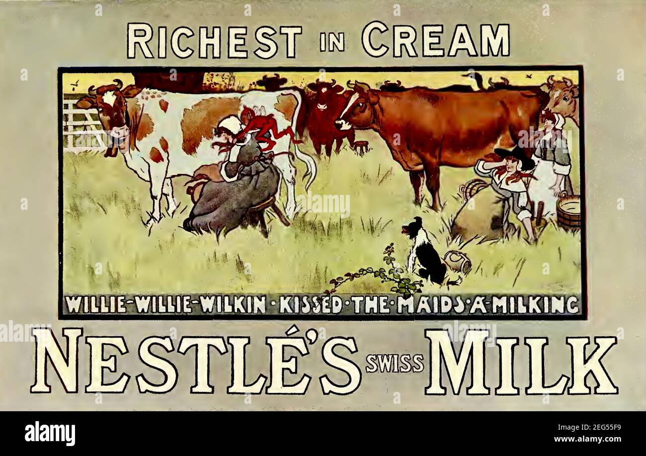 Vintage schmiegt sich Poster mit einem kleinen Imp küsst eine Milch-Magd. Willie Willie Wilkin mit Namen küsste die Mägde EIN Melken. Stockfoto