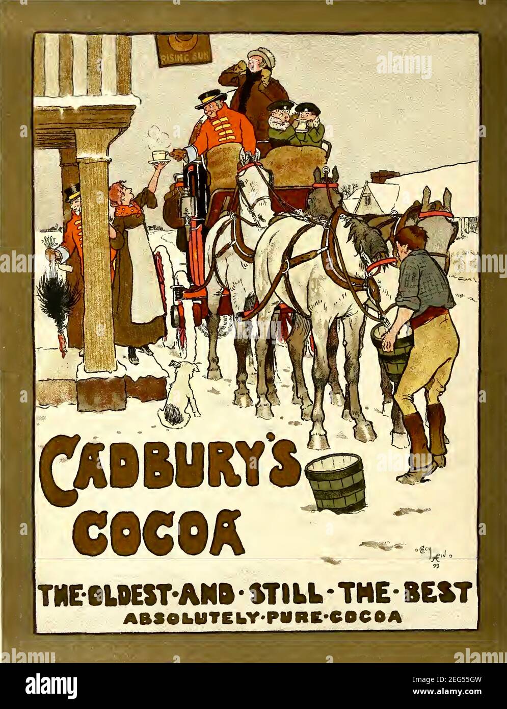 Werbung für Vintage Cadbury's Cocoa. Traditionelle Kutsche und Pferde in Ruhe vor einem Gasthaus für eine wärmende Tasse Cadburys Kakao. Stockfoto