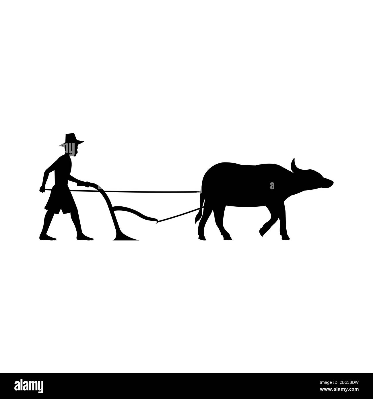 Schwarze Silhouette Design mit isolierten weißen Hintergrund der Menschen Pflug Feld durch Büffel, Vektorillstration Stock Vektor