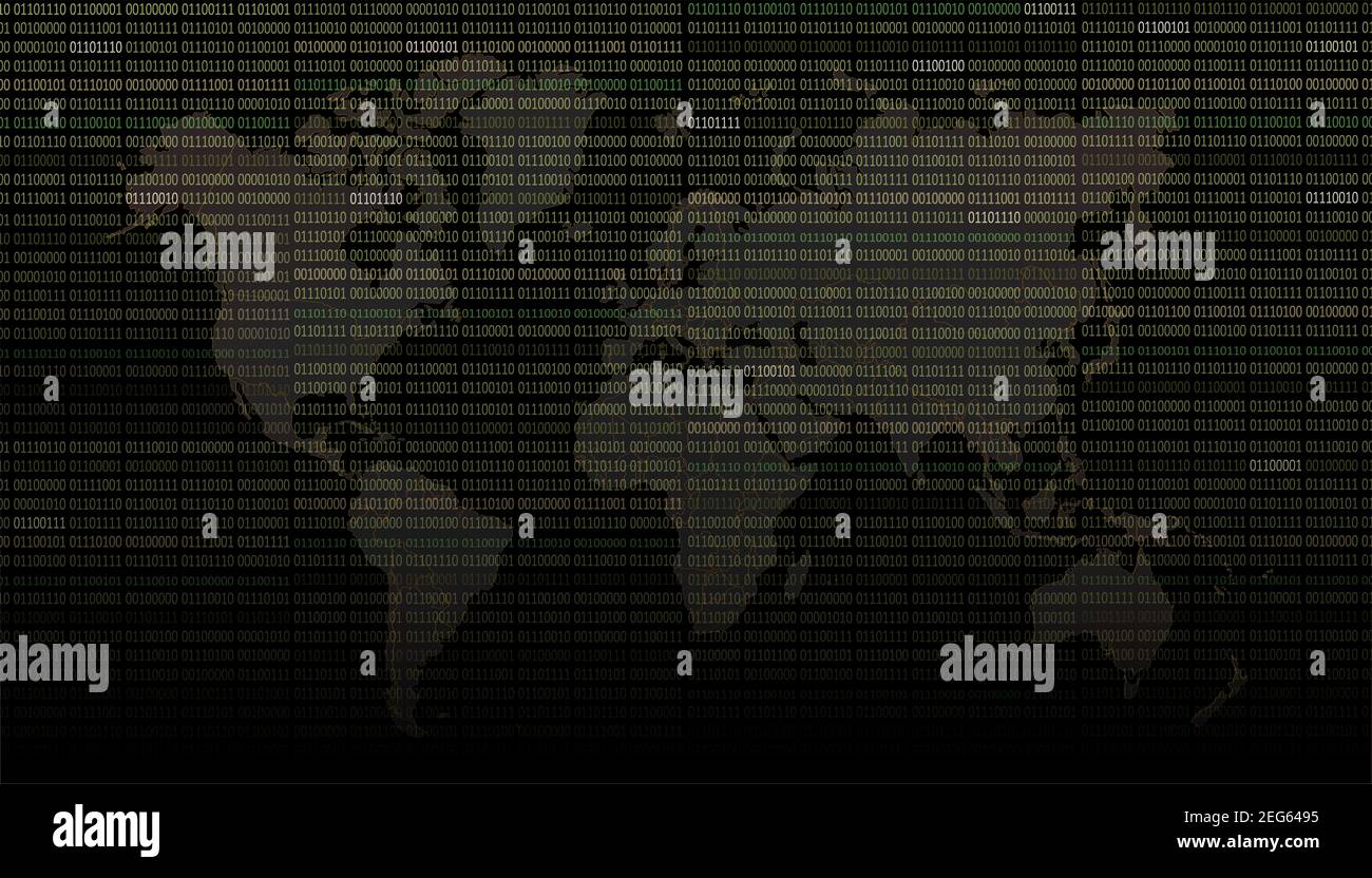 Weltkarte mit 01 oder binären Zahlen auf dem Computerbildschirm auf Monitor Matrix Hintergrund. Digitaler Datencode. Stockfoto