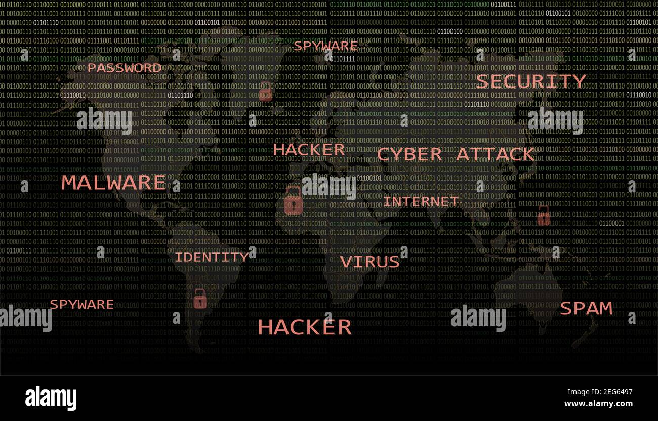 Weltkarte mit 01 oder binären Zahlen auf dem Computerbildschirm auf Monitor Matrix Hintergrund. Lock, Hacker, Cyber-Angriff, Spyware, Malware-Konzepte. Stockfoto