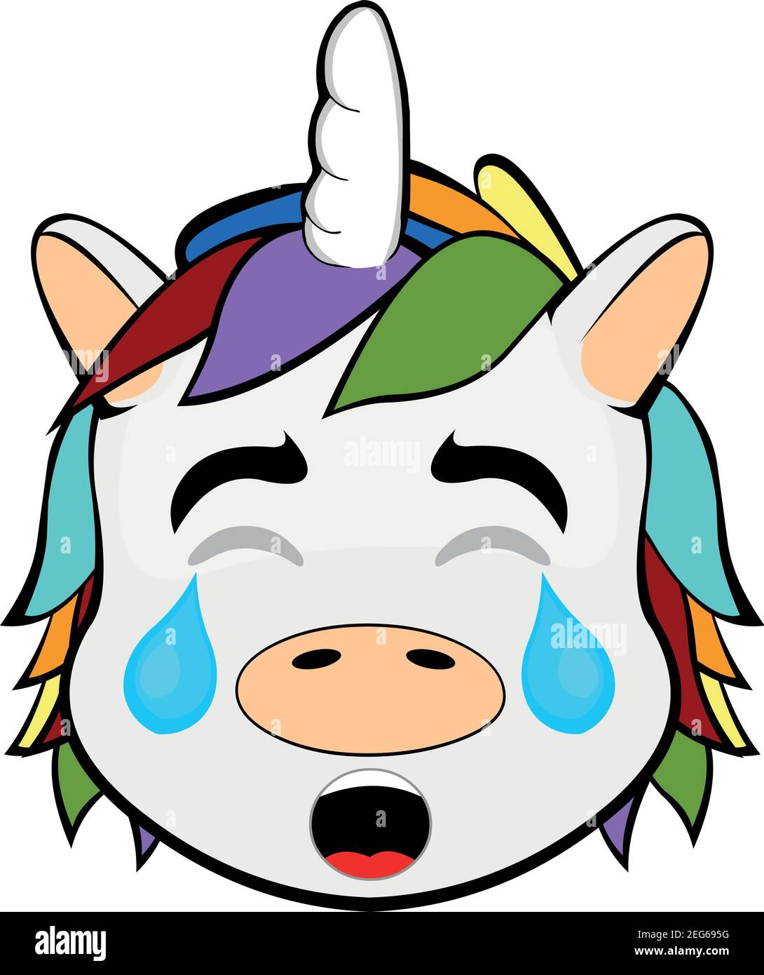Vector Emoticon Illustration Cartoon eines Einhorns Kopf mit einem traurigen Ausdruck und Weinen mit geschlossenen Augen und Tränen auf seinem Gesicht Stock Vektor