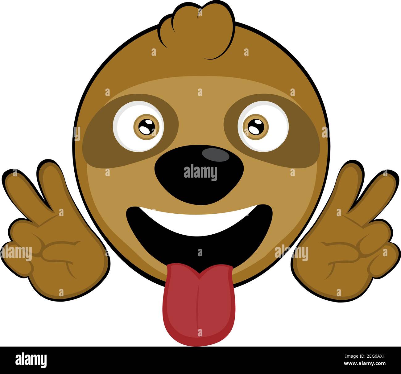 Vector Emoticon Illustration Karikatur eines Faultierkopfes mit einem glücklichen Ausdruck, ragt seine Zunge und eine Geste seiner Hände der Liebe und des Friedens Stock Vektor