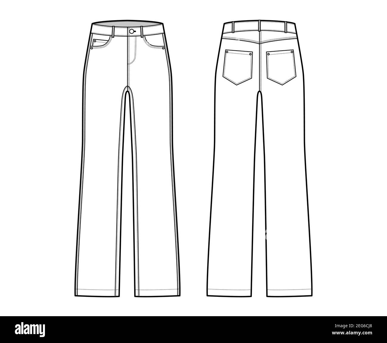 Gerade Jeans Denim Hose technische Mode-Illustration mit voller Länge,  Bund, 5 Taschen, Nieten, Gürtelschlaufen. Flache Kleidung unten Schablone  vorne, hinten, weiß Farbe Stil. Frauen, Unisex CAD Mockup  Stock-Vektorgrafik - Alamy