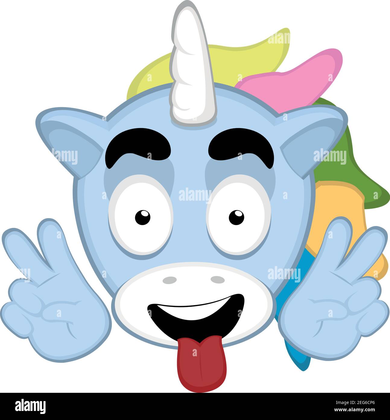 Vector Emoticon Illustration Karikatur eines Einhorns Kopf mit geschlossenen Augen, ein glücklicher Ausdruck, ragt aus seiner Zunge und eine Geste seiner Hände Stock Vektor