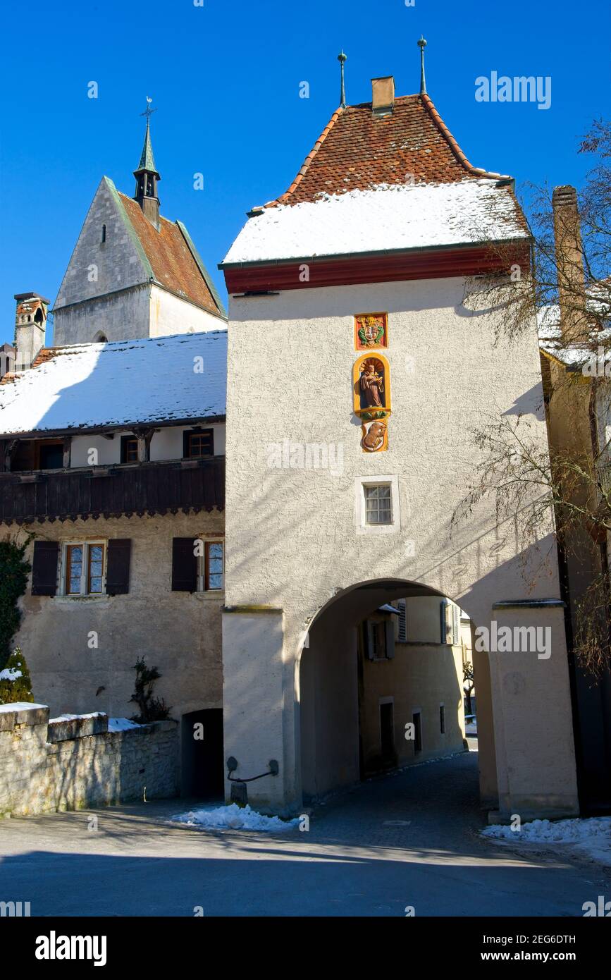 St-Paul Tor zur historischen Altstadt St Ursanne, Kanton Jura, Schweiz. Stockfoto