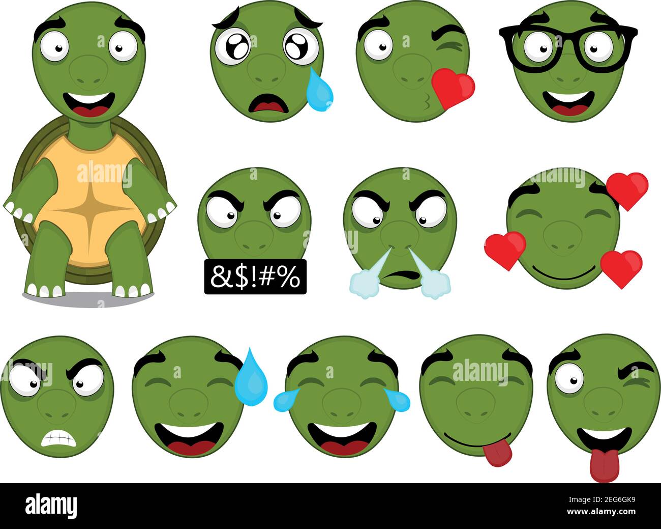 Vector Emoticon Illustration einer Ganzkörper-Cartoon Schildkröte und mehrere Köpfe mit verschiedenen Ausdrücken und Emotionen der Liebe, Glück, Traurigkeit und ein Stock Vektor