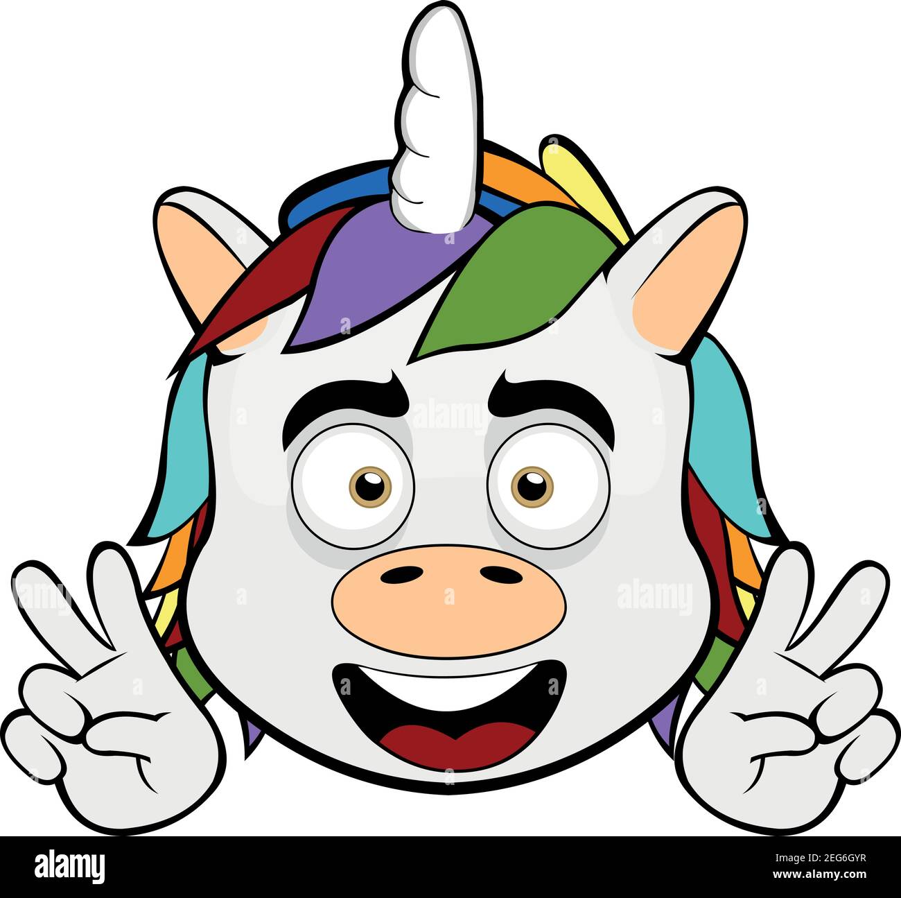 Vector Emoticon Illustration Cartoon eines Einhorns Kopf mit einem glücklichen Ausdruck und einer Geste seiner Hände machen ein Friedenszeichen Stock Vektor