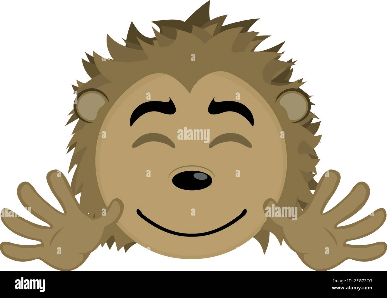 Vector Emoticon Illustration Karikatur eines Stachelschweines Kopf mit einem fröhlichen Ausdruck lächelt mit offenem Mund und geschlossenen Augen, zeigt Hände Stock Vektor