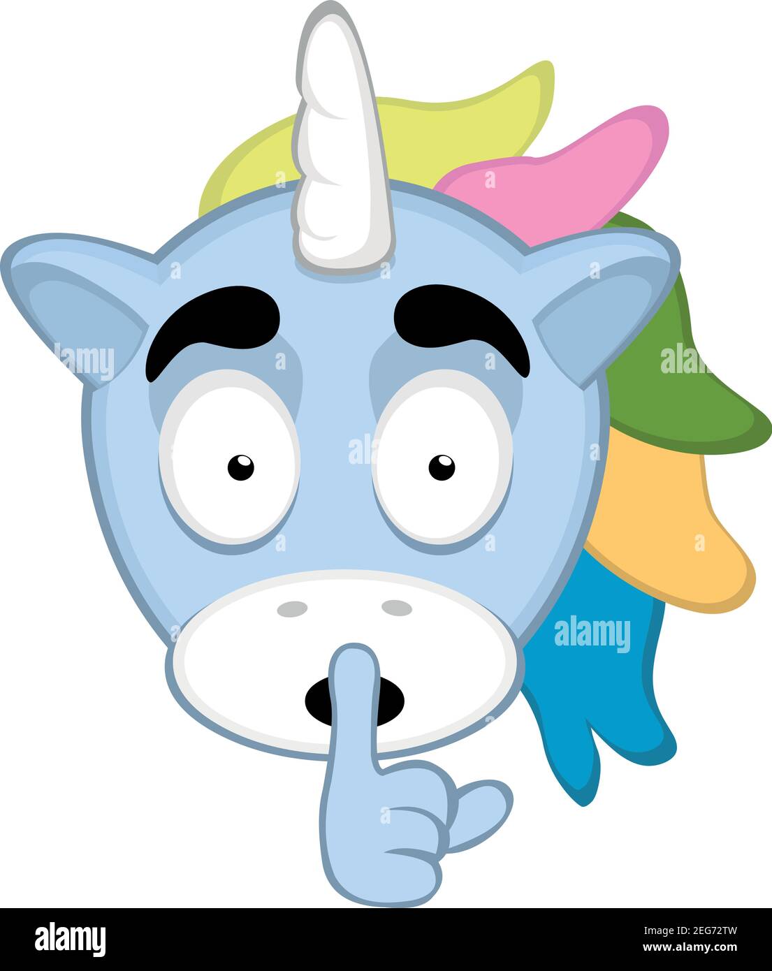 Vector Emoticon Illustration Cartoon eines Einhorns´s Kopf mit seinem Finger auf den Lippen, Stille Konzept Stock Vektor