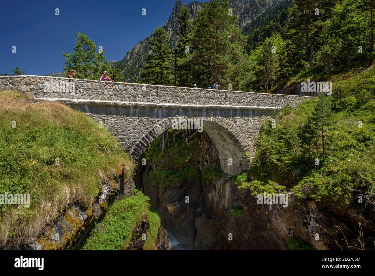 Pont d'Espagne im Sommer (Cauterets, Nationalpark der Pyrenäen, Frankreich) ESP: Pont d'Espagne en verano (Cauterets, Parque Nacional de los Pirineos) Stockfoto