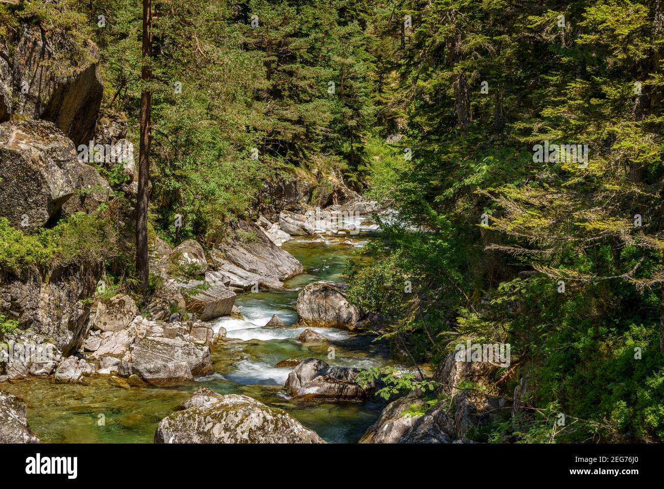 Pont d'Espagne im Sommer (Cauterets, Nationalpark der Pyrenäen, Frankreich) ESP: Pont d'Espagne en verano (Cauterets, Parque Nacional de los Pirineos) Stockfoto