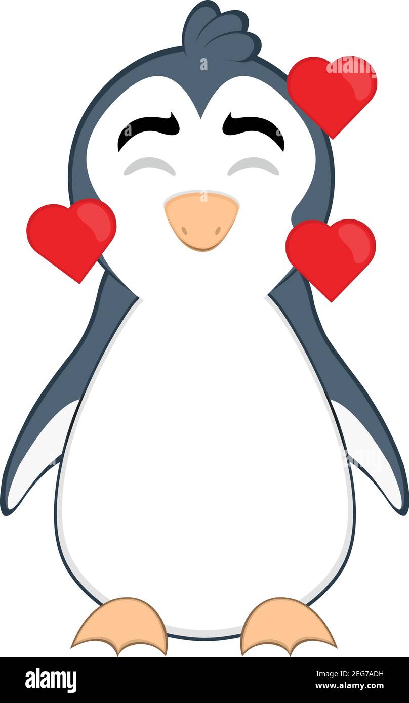 Vector Emoticon Illustration Cartoon eines Pinguins´s Kopf mit einem Ausdruck der Freude, in der Liebe von Herzen umgeben Stock Vektor