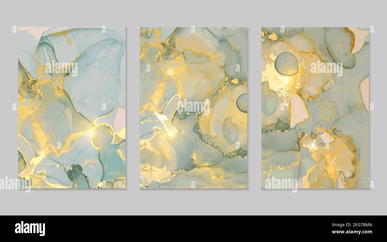 Abstrakte Hintergründe aus blauem, grauem, goldenem Marmor. Set von Alkohol Tinte Technik Vektor Stein Texturen. Moderne Farbe in natürlichen Farben mit Glitzer. Templat Stock Vektor