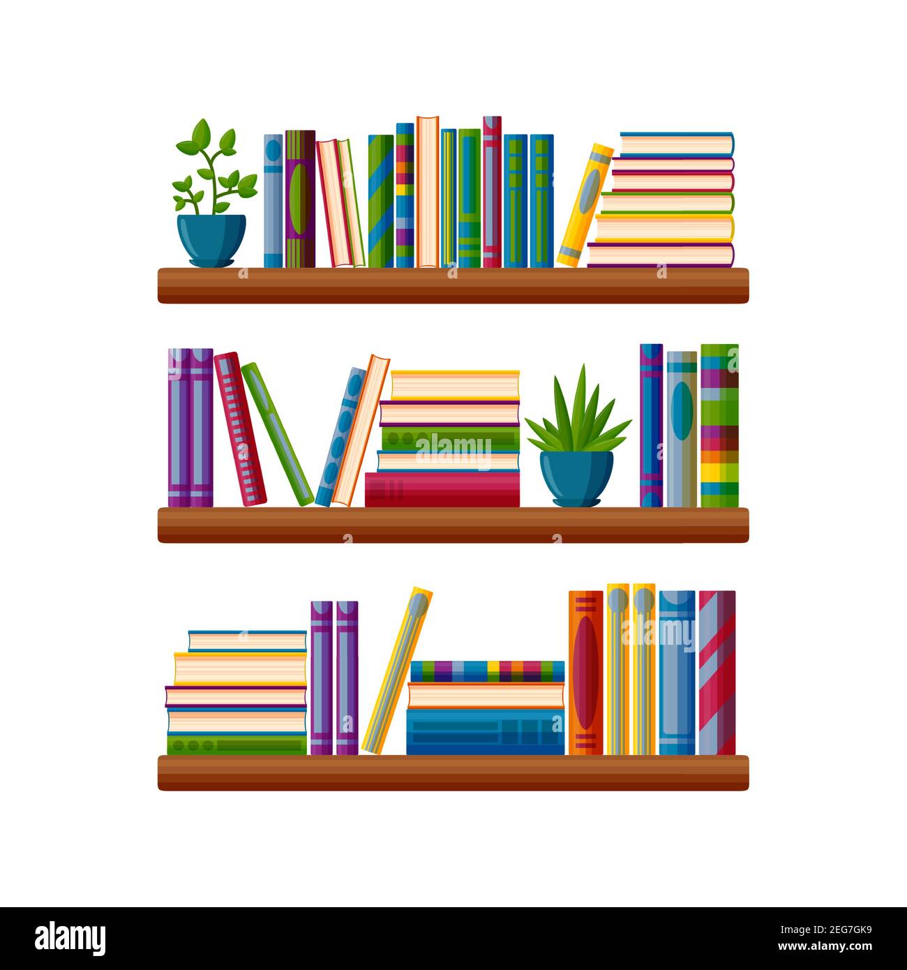 Regale mit Büchern und Pflanzen. Bunte Bücher im Cartoon-Stil. Vektorgrafik isoliert auf weißem Hintergrund Stock Vektor