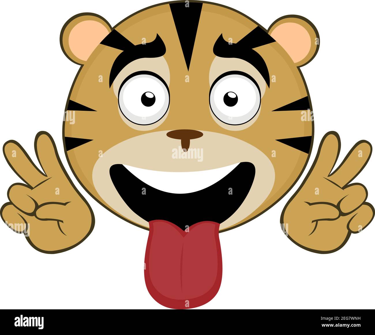 Vector Emoticon Illustration Cartoon eines Tigers Kopf mit einem glücklichen Ausdruck, ragt seine Zunge und eine Geste seiner Hände der Liebe und des Friedens Stock Vektor