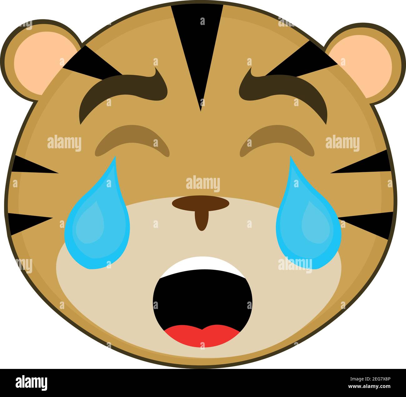 Vector Emoticon Illustration Cartoon eines Tigers Kopf mit einem traurigen Ausdruck und Weinen mit geschlossenen Augen und Tränen auf seinem Gesicht Stock Vektor