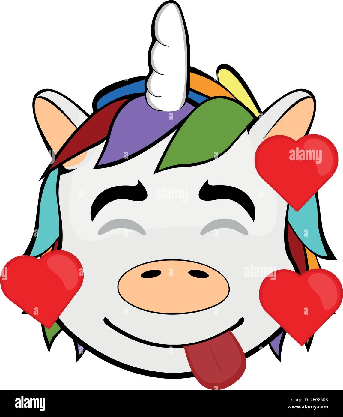 vector Emoticon Illustration Cartoon eines Einhorns´s Kopf mit einem Ausdruck der Freude, in der Liebe von Herzen umgeben Stock Vektor