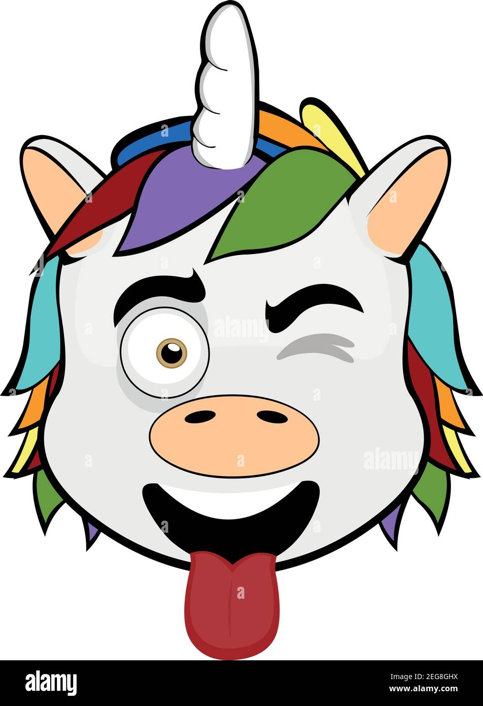 Vector Emoticon Illustration Cartoon eines Einhorns´s Kopf mit glücklichen Ausdruck, zwinkern und ragen seine Zunge mit offenem Mund Stock Vektor