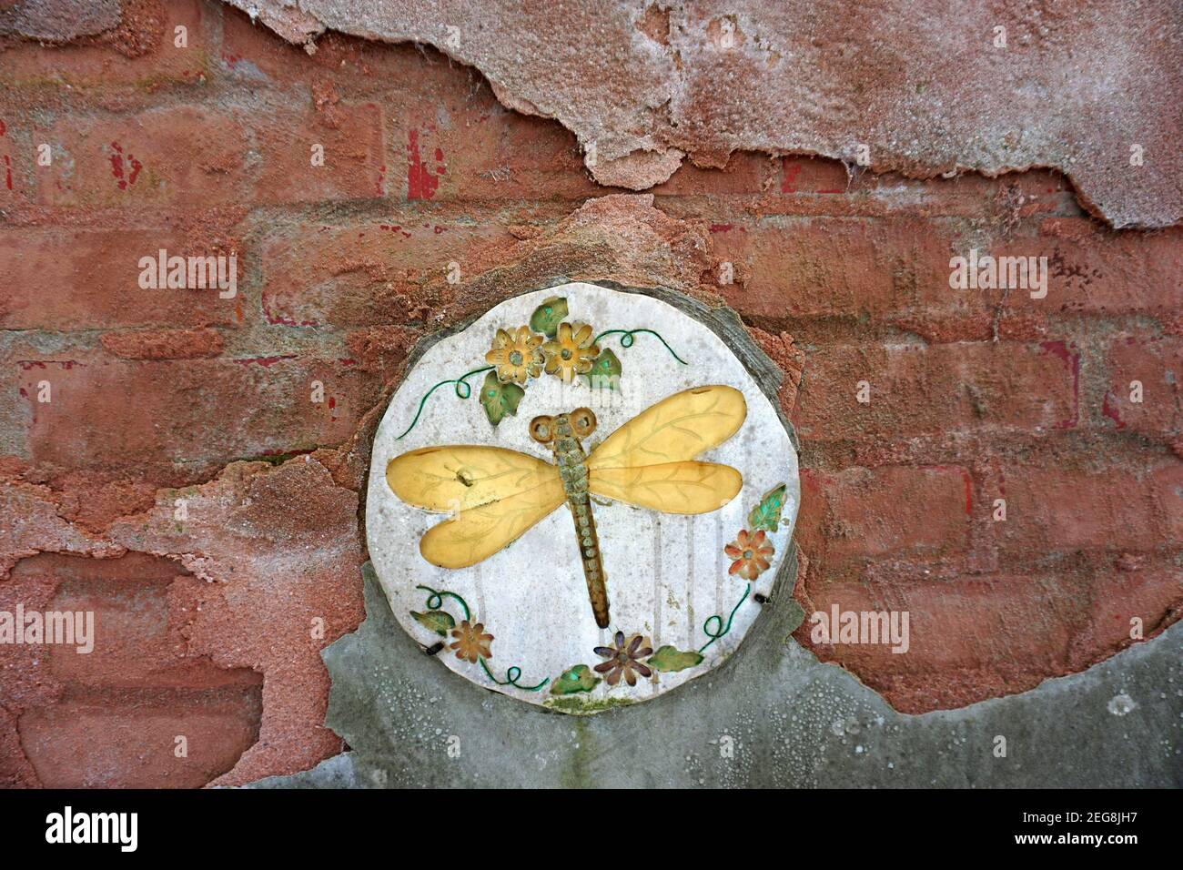 Eine spezielle Wand. Alte Ziegel, der rote und graue Putz halb zerbröckelt mit einer alten runden Fliese mit einer goldfarbenen Libelle Stockfoto