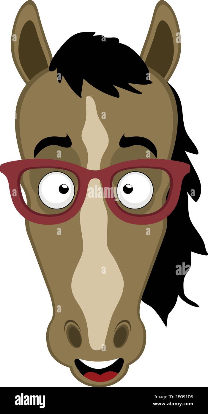 Vector Emoticon Illustration Cartoon eines Pferdes Kopf mit dem fröhlichen Ausdruck, Tragen einer Brille Stock Vektor