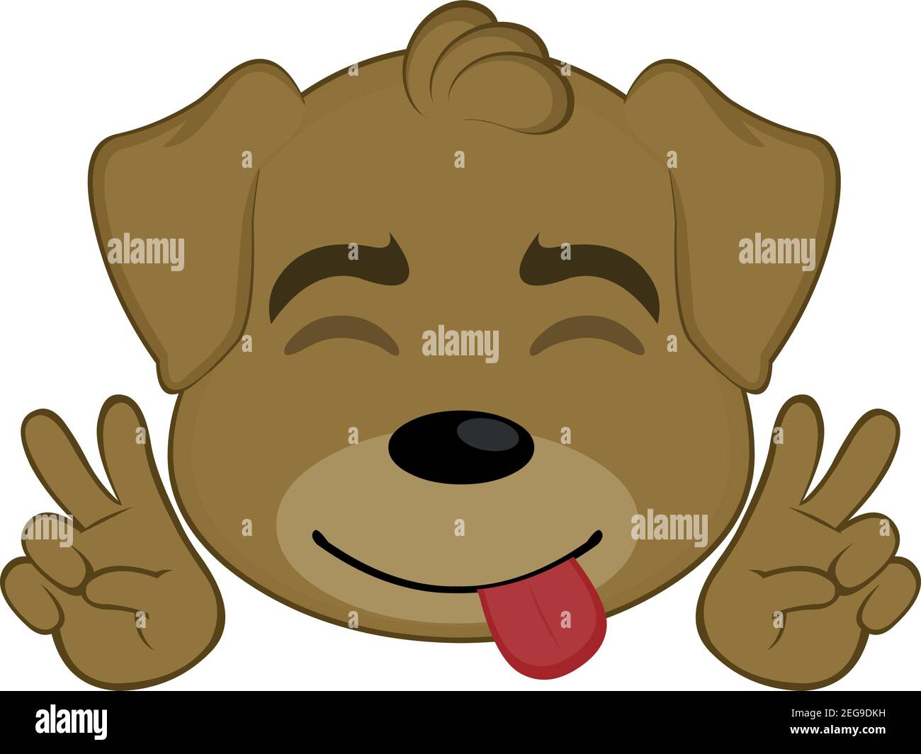 Vector Emoticon Illustration Cartoon eines Hundes Kopf mit geschlossenen Augen, ein glücklicher Ausdruck, ragt aus seiner Zunge und eine Geste des Friedens und der Liebe Stock Vektor