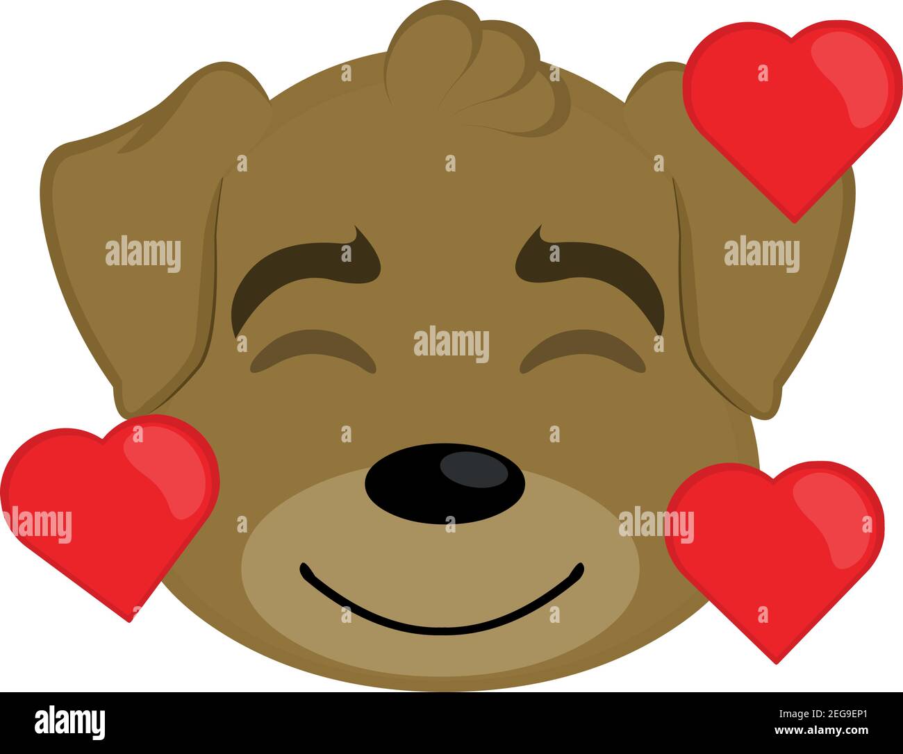 Vektor-Illustration eines Emoticons des Kopfes eines Cartoon-Hundes, mit einem Ausdruck und Emotion der Freude und Liebe, umgeben von Formen von Herzen Stock Vektor