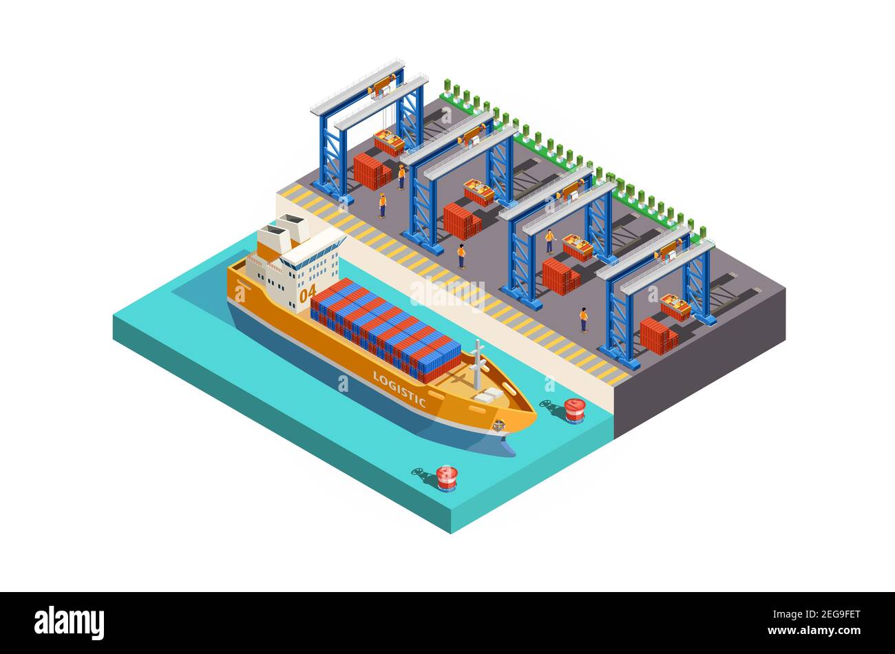 Modern Vector isometrische Symbol oder Infografik Element, das Low-Poly-Cargo-Port mit Kräne Laden von Containern auf dem Containerschiff, LKW, für Stockfoto