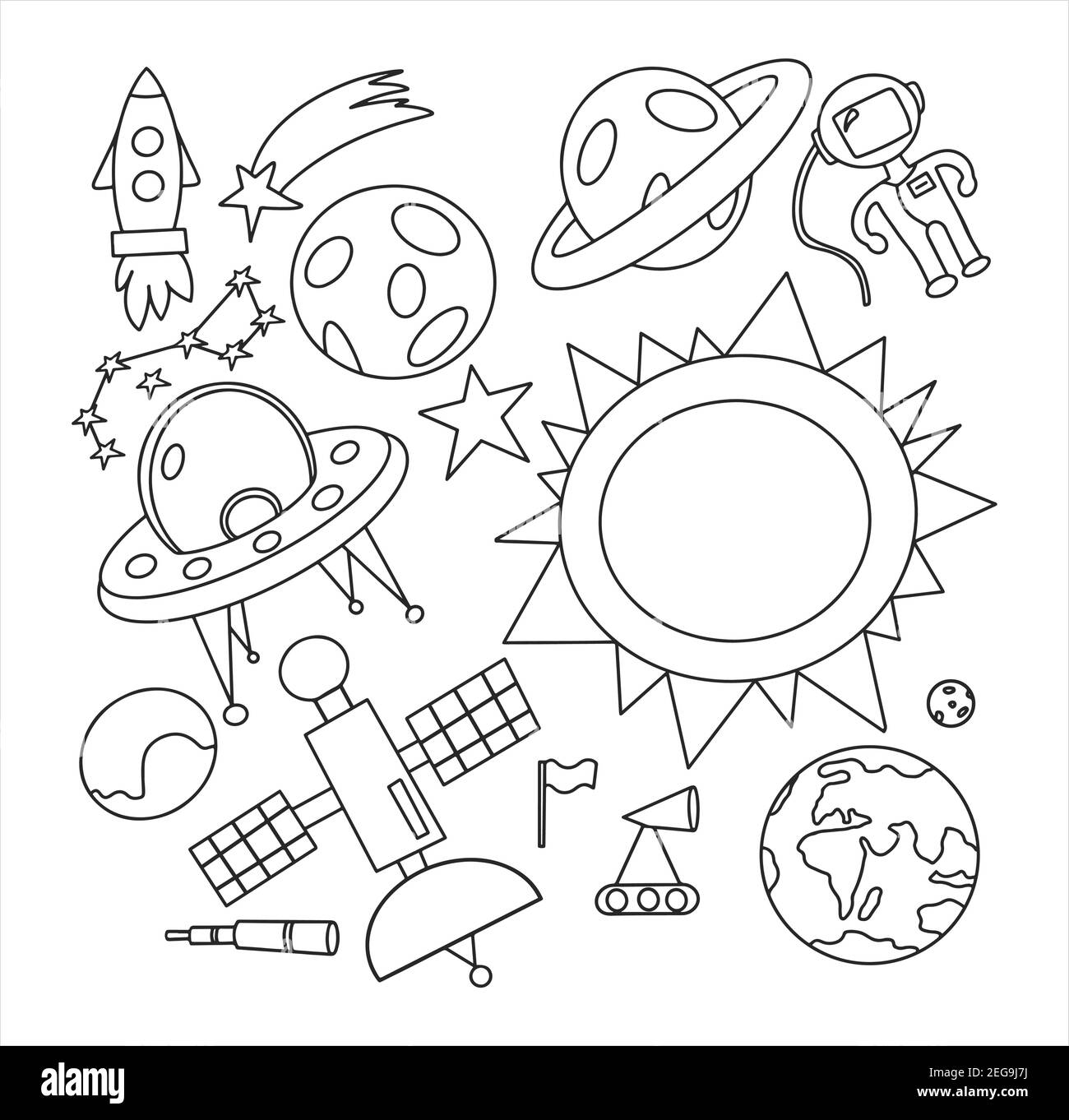 Hand zeichnen Raum Illustration mit einer Rakete, Astronaut, Planeten und Aliens. Niedlich, Kinder s Vektor Zeichnung über Raumschiffe, fliegende Untertassen und Shuttl Stock Vektor