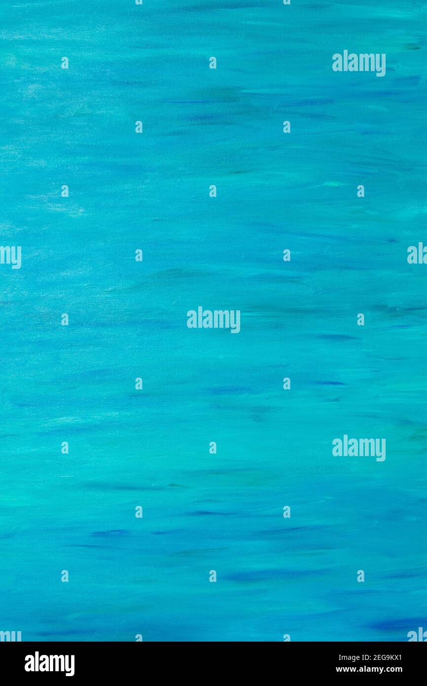 Abstrakt Acryl bemalt Hintergrund mit Linien. Nahaufnahme Fragment der Acrylmalerei auf Leinwand mit Pinselstrichen mit Mischung aus Türkis und Blau Stockfoto