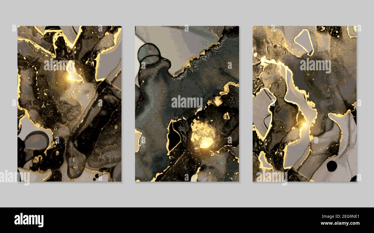 Set aus abstrakten Mustern aus schwarzem, grauem und goldenem Marmor. Alkohol Tinte Technik Stein Textur. Vektorhintergrund. Moderne Farbe mit Glitzer. Banner, poste Stock Vektor